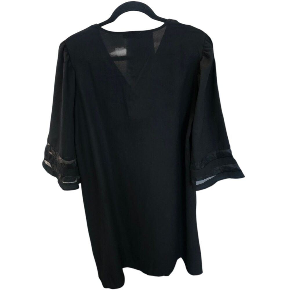 Coeur De Vague XL Black V Neck Dress Sheer Flutter Sleeves Textured Trim